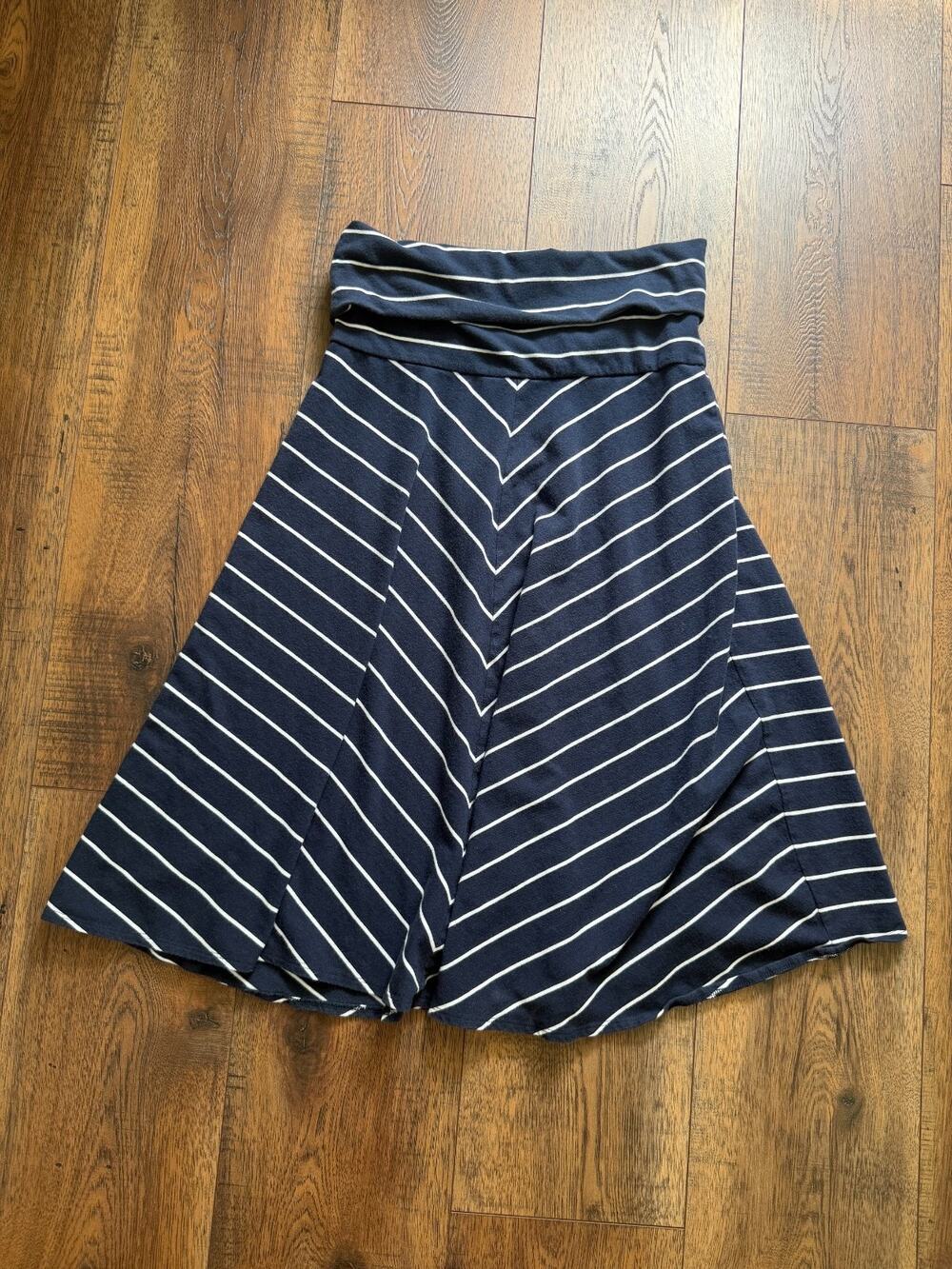 Lands' End Navy Striped Y2K Coastal Foldover Waist Chevron A-Line Skirt S 6-8
